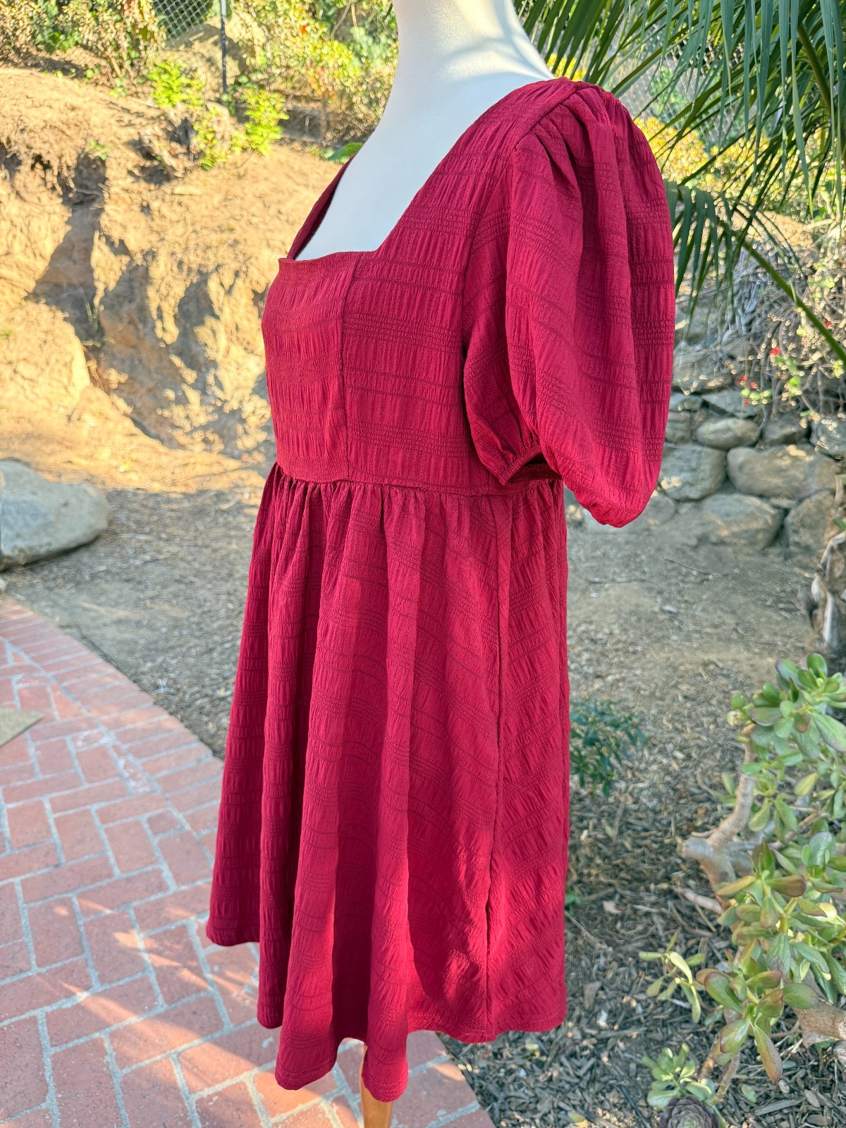 Babydoll Boho Puff Sleeve Smocked Cottagecore Mini Dress Red Size XL Textured