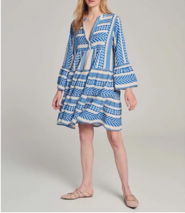 Devotion Twins Women’s Ella Dress Tunic Flared Sleeves Blue White Size XS