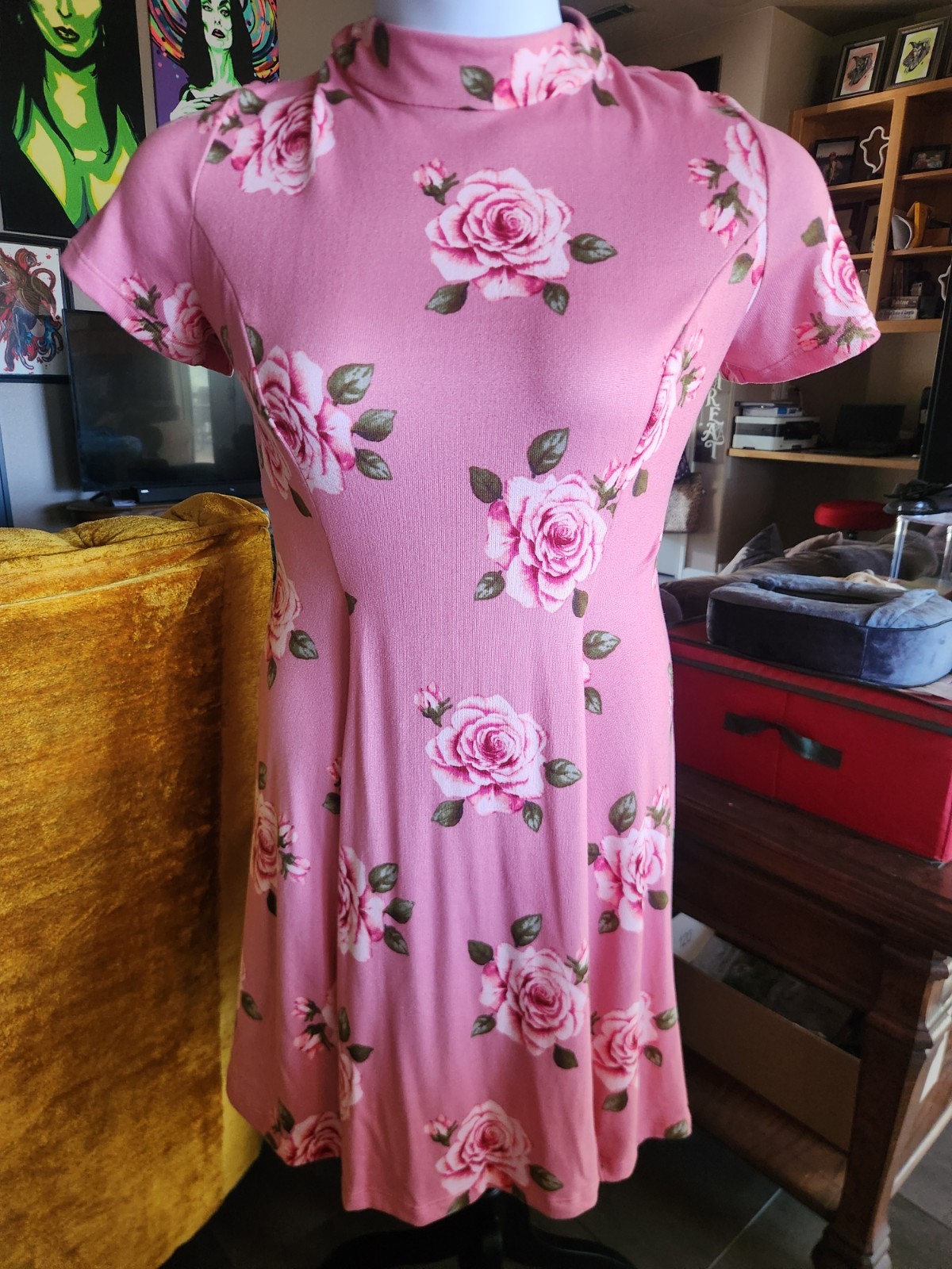 Wax Poetic Clothing Retro Rose Mod Shift Dress In Pink Vintage Pinup NWT 2XL