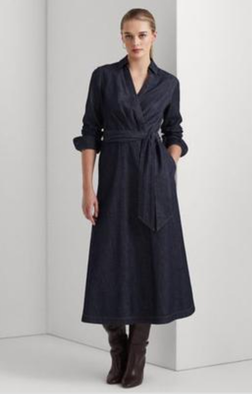 Lauren Ralph Lauren Women Surplice Georgette Midi Dress Dark Rinse Size 10