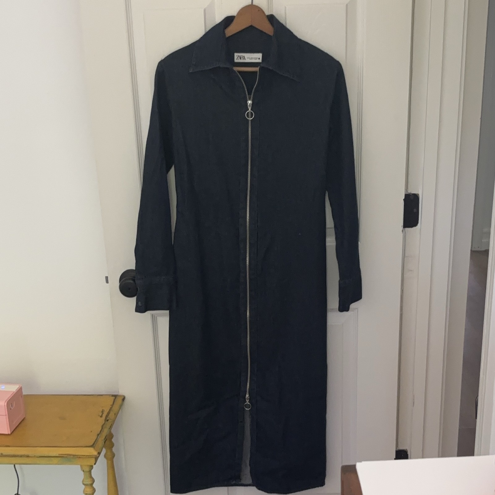 Zara Dress Medium Dark Denim Midi Length Zipper Office Fall