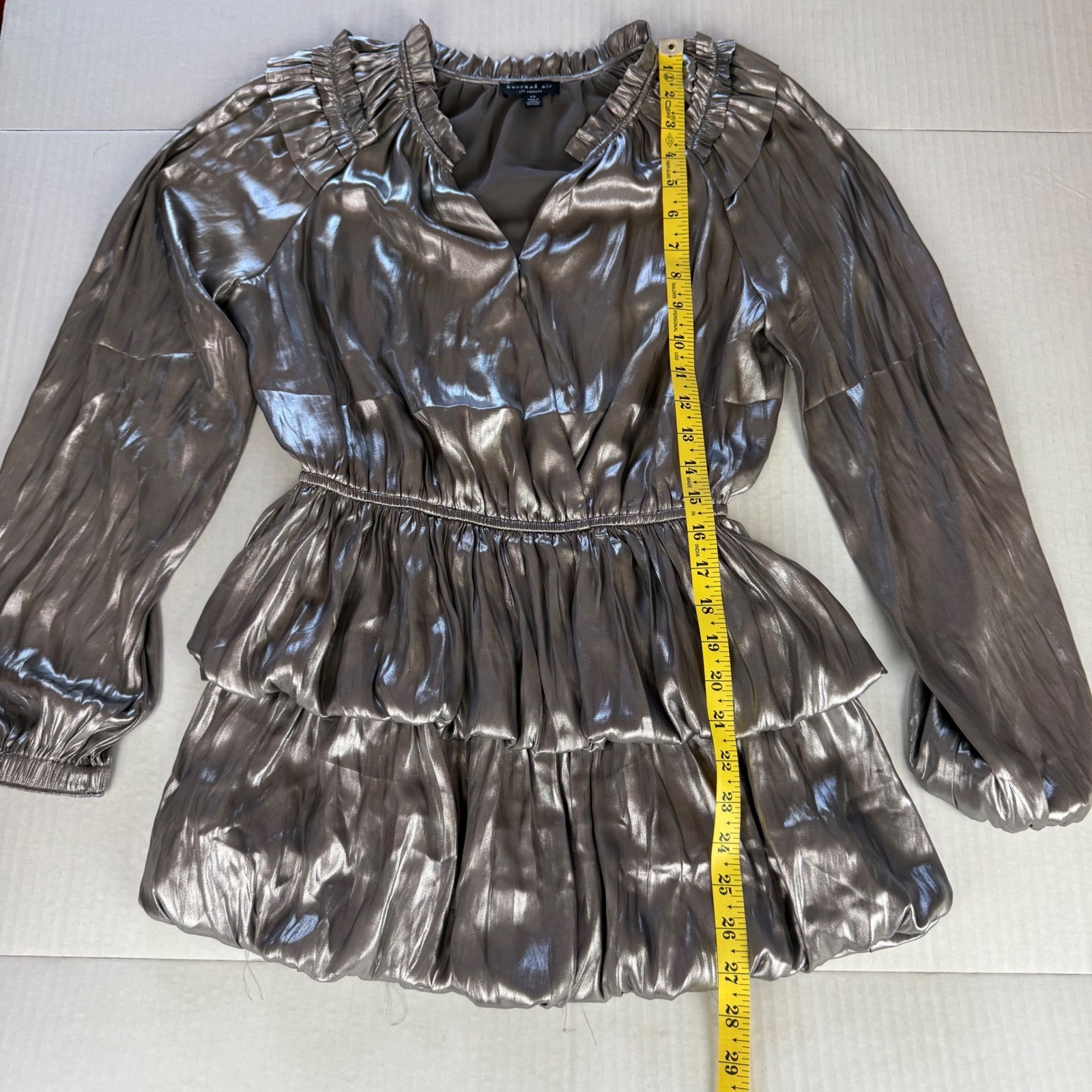 Current Air Los Angeles Silver Metallic Long Sleeve Ruffle Tiered Mini Dress XS