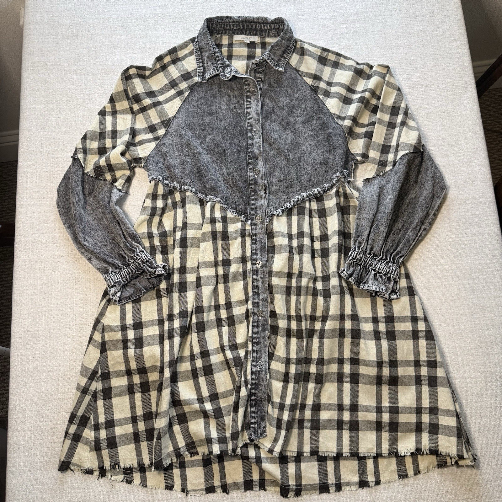 Patchwork Shirt Dress Acid Wash Denim And Plaid Countrycore Grunge Everyday Y2K
