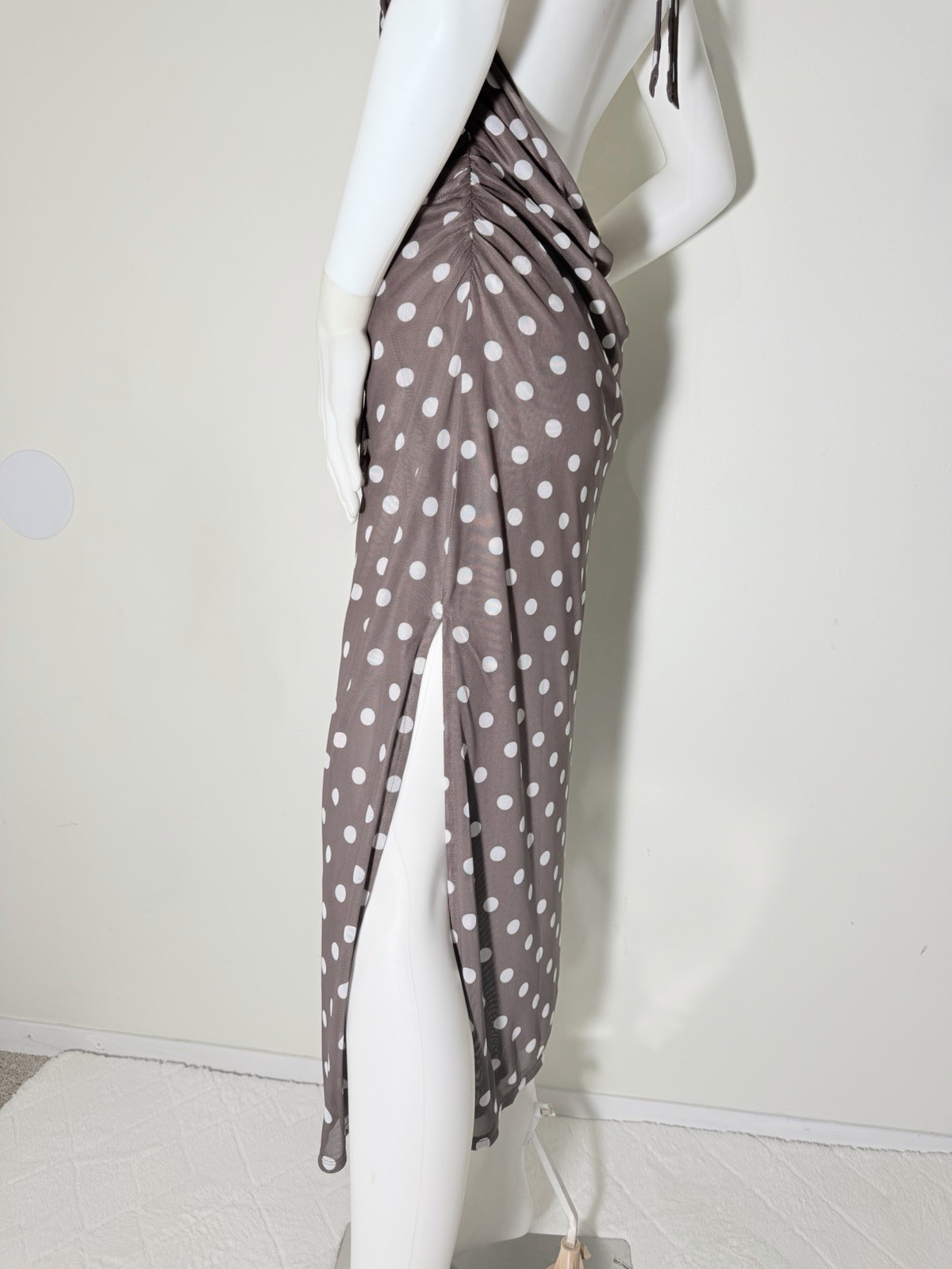 Caroline Constas Brown White Polka Dot Halter Backless Slit Mesh Midi Dress L