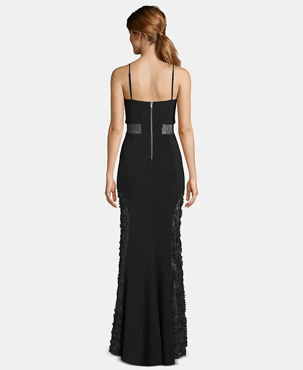 BETSY & ADAM Petite Adjustable Strap Sheer Lace Contrast V-Neck Trumpet Gown, 2P