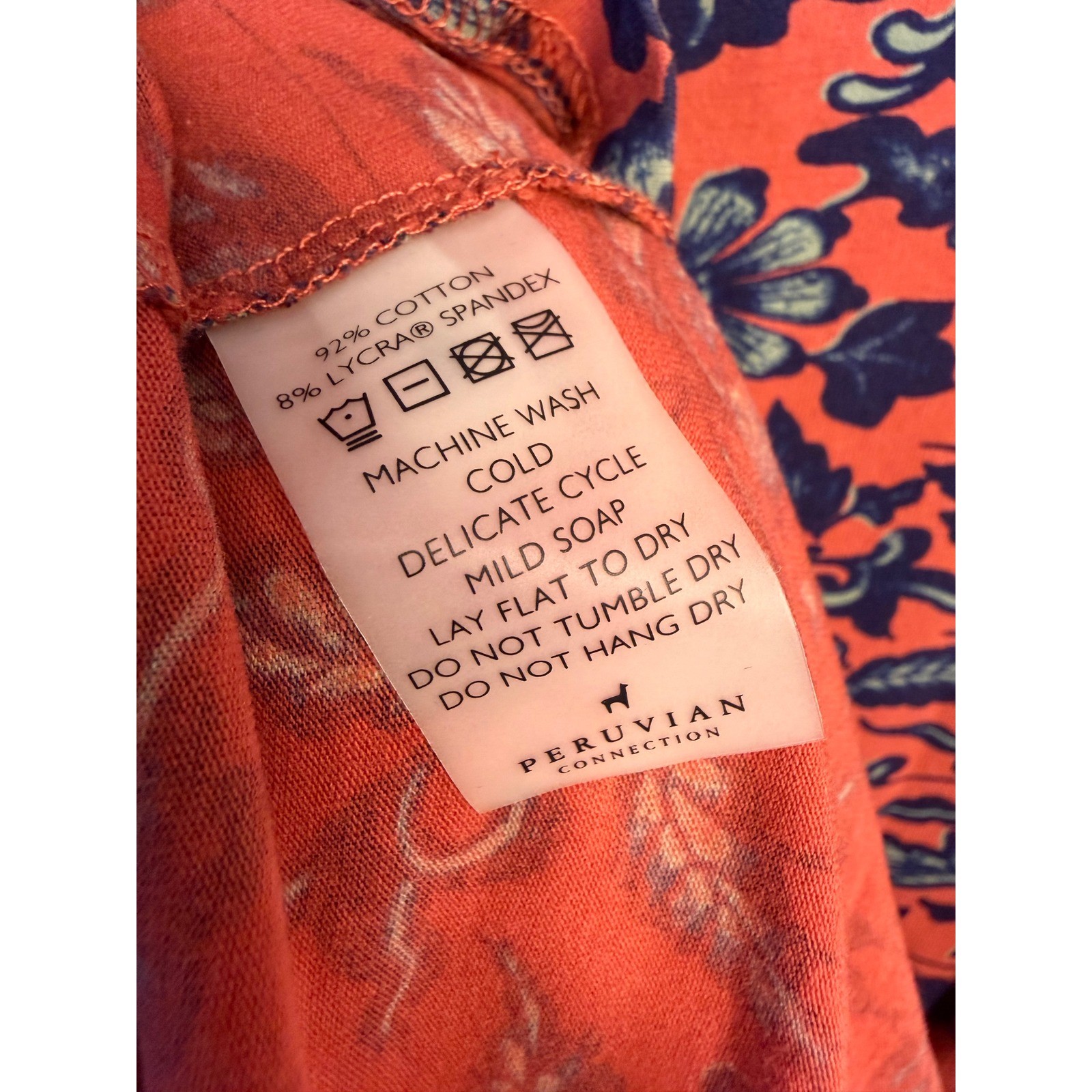 Peruvian Connection Womens Large Floral Cotton Lycra Midi Dress Orange Navy Blue