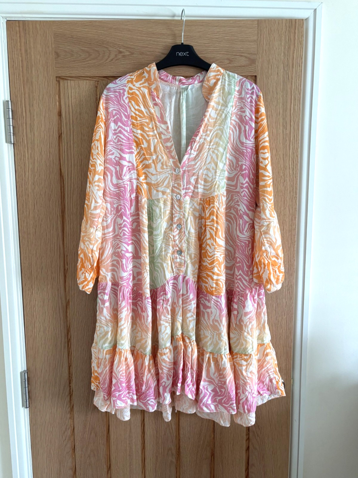 Made in Italy White, Orange, Pink & Green Print Short Smock Dress, approx 14-16