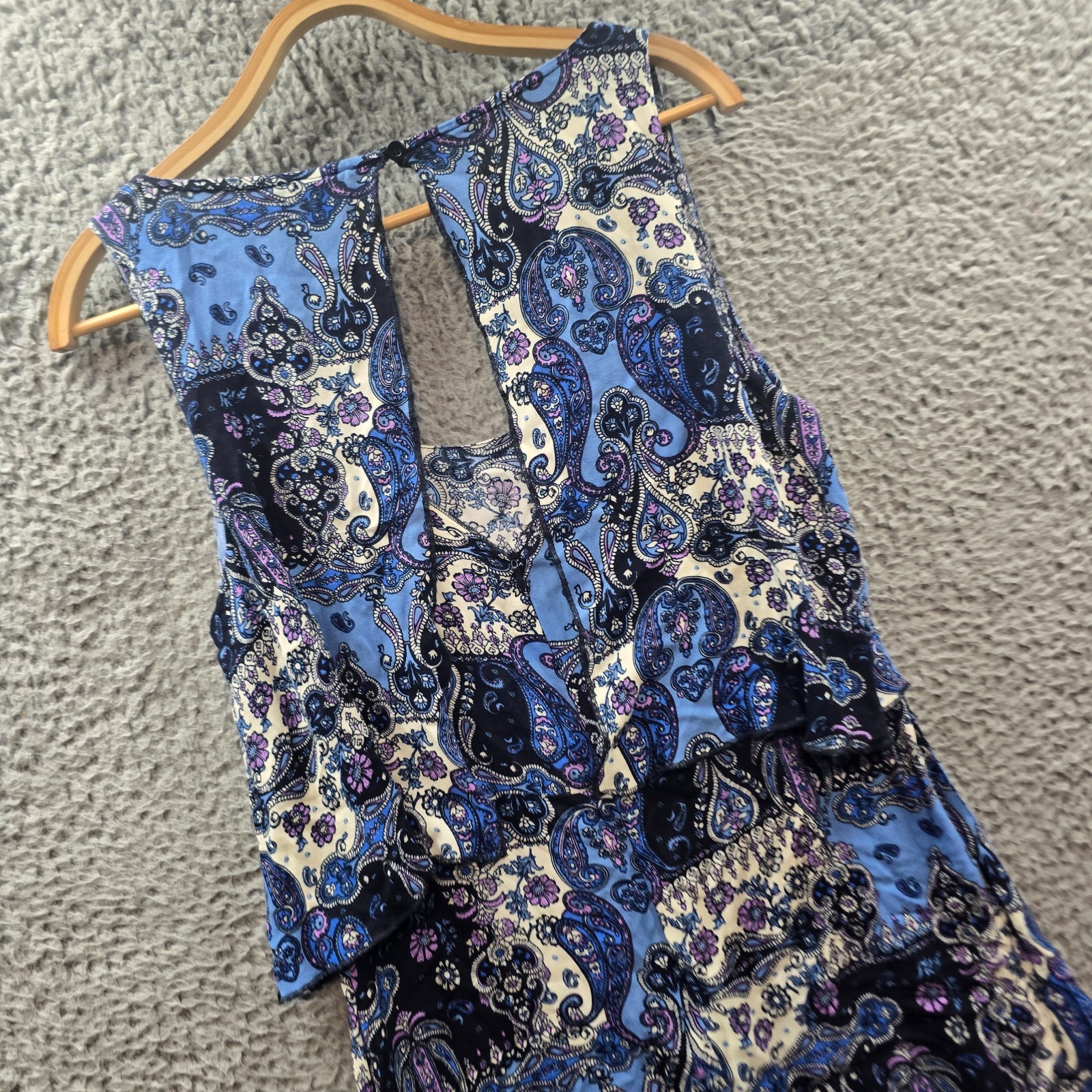 Ghanda Dress Womens A-line Mini Size M Blue Ivory Paisley Layered Sleeveless