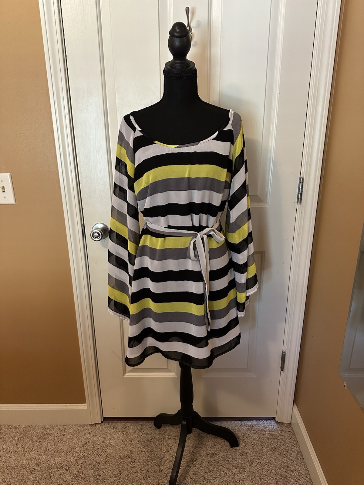 Striped Long Sleeve Belted Mini Dress In Black Gray And Neon Yellow Size L