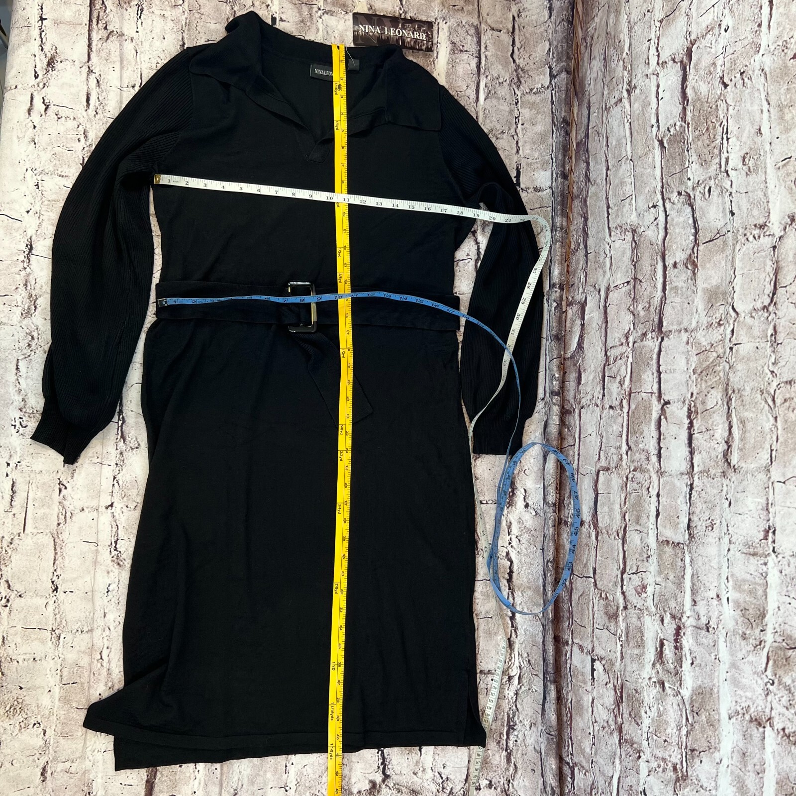 Nina Leonard Solid Black Heavy Knit Long Sleeve W/Belt Knee Length Dress Size L
