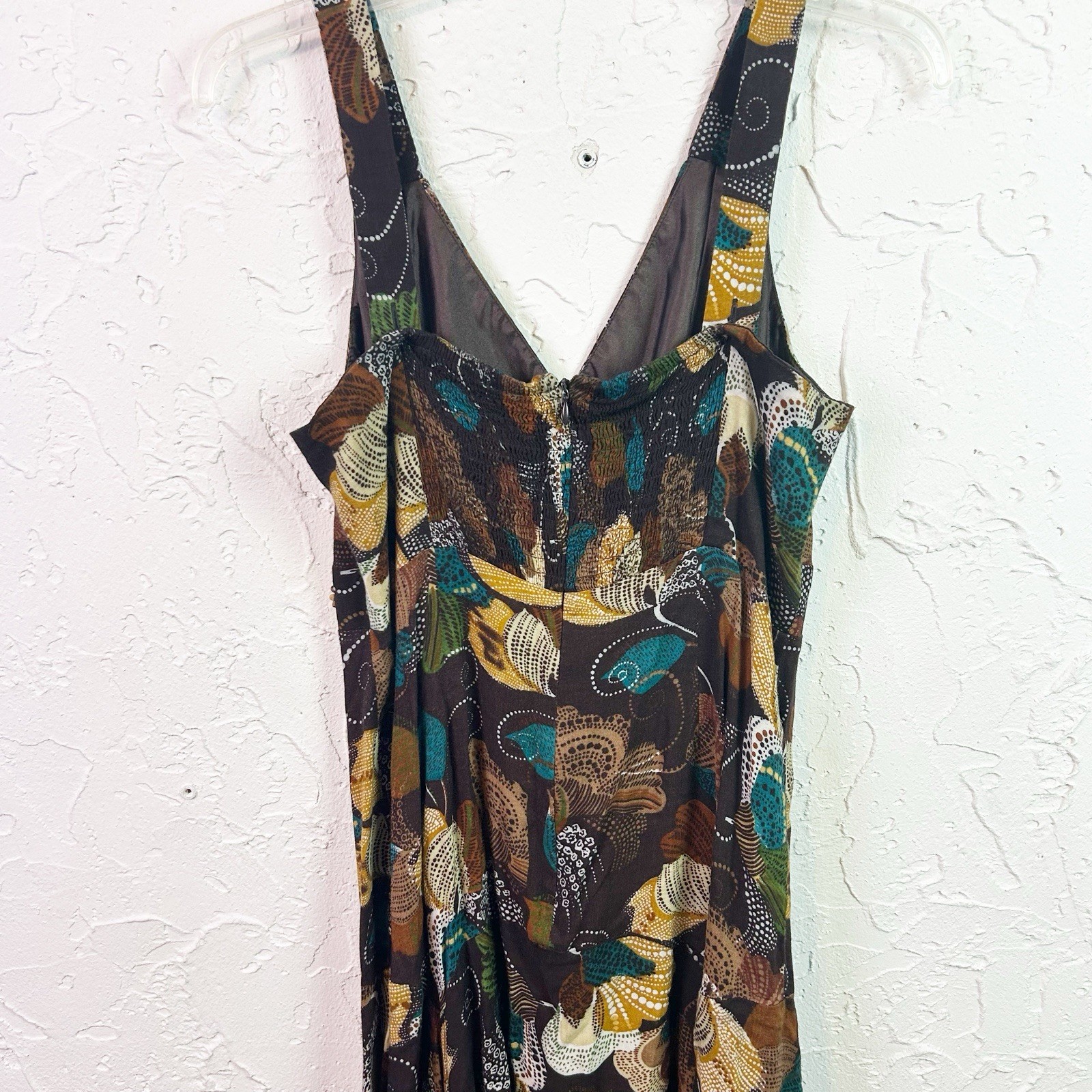 Vintage Brown Floral Beaded V-neck Knee Length Dress Size 10 Boho Hippie Fairy