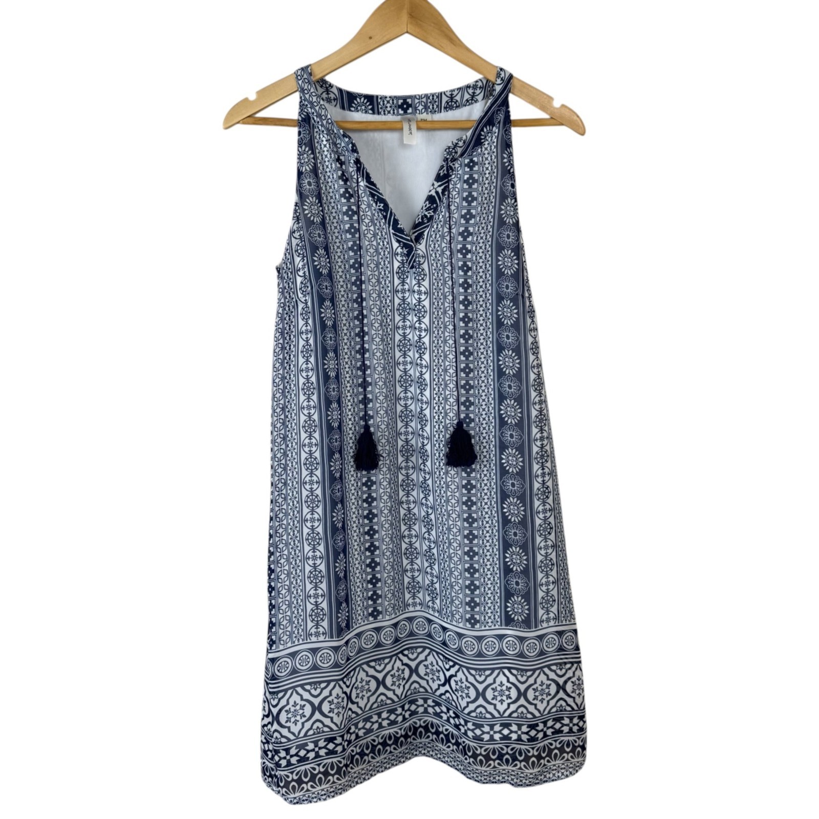 Tacera Navy Blue White Tank Dress Size PM Tassel Summer Lightweight Flowy Casual