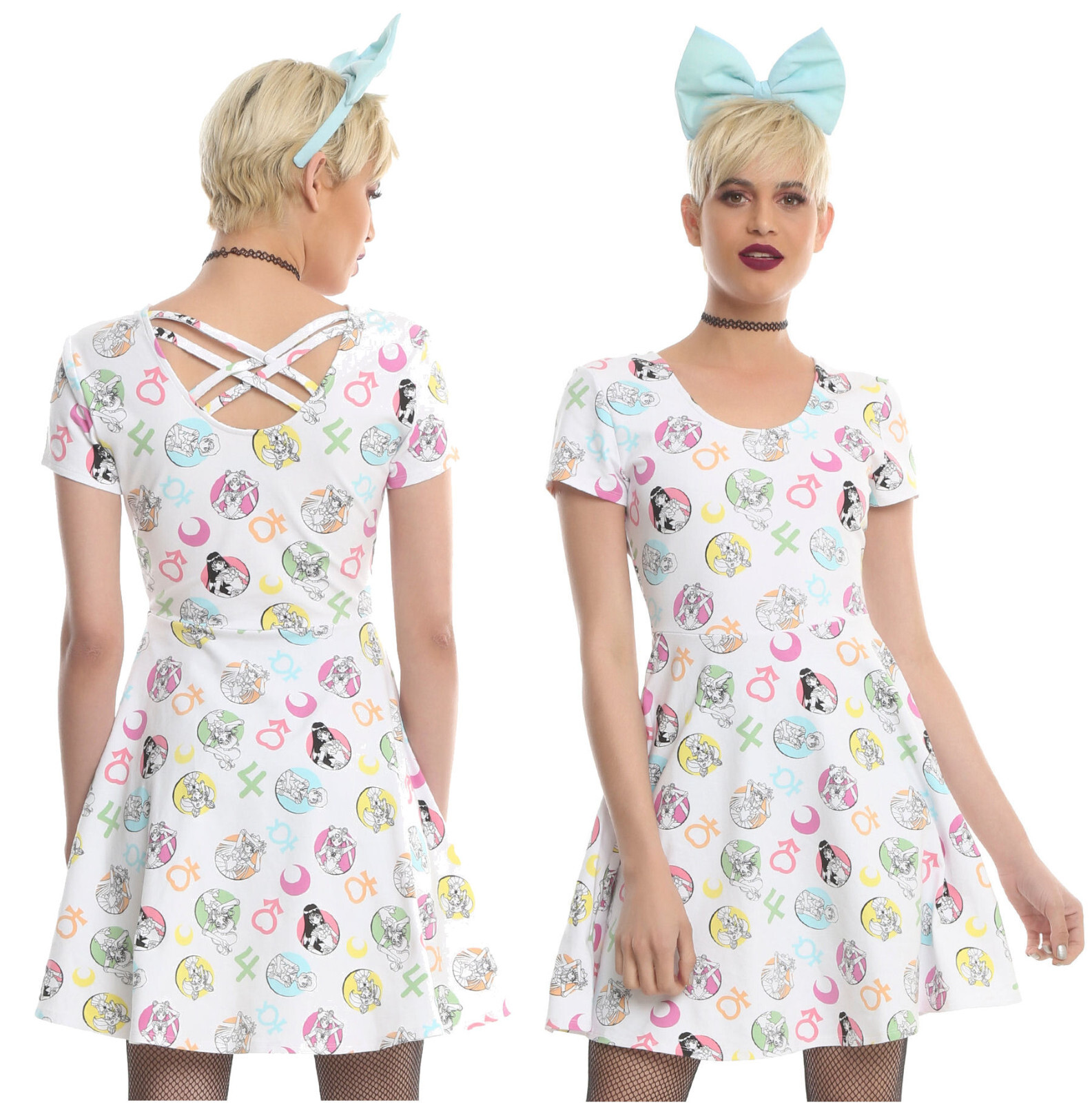 Sailor Moon Dress White Icons Crossback Fit & Flare Skater Costume Cosplay JRS S