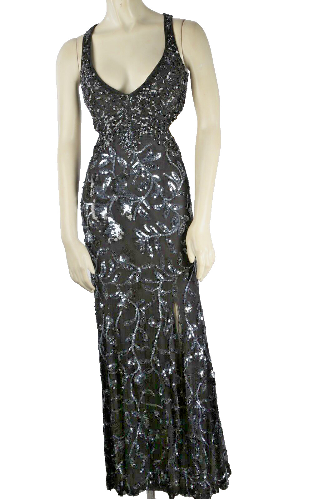 Cassandra Stone Black Silver Silk Beaded Embroidered Gown V Neck Dress Womens 0