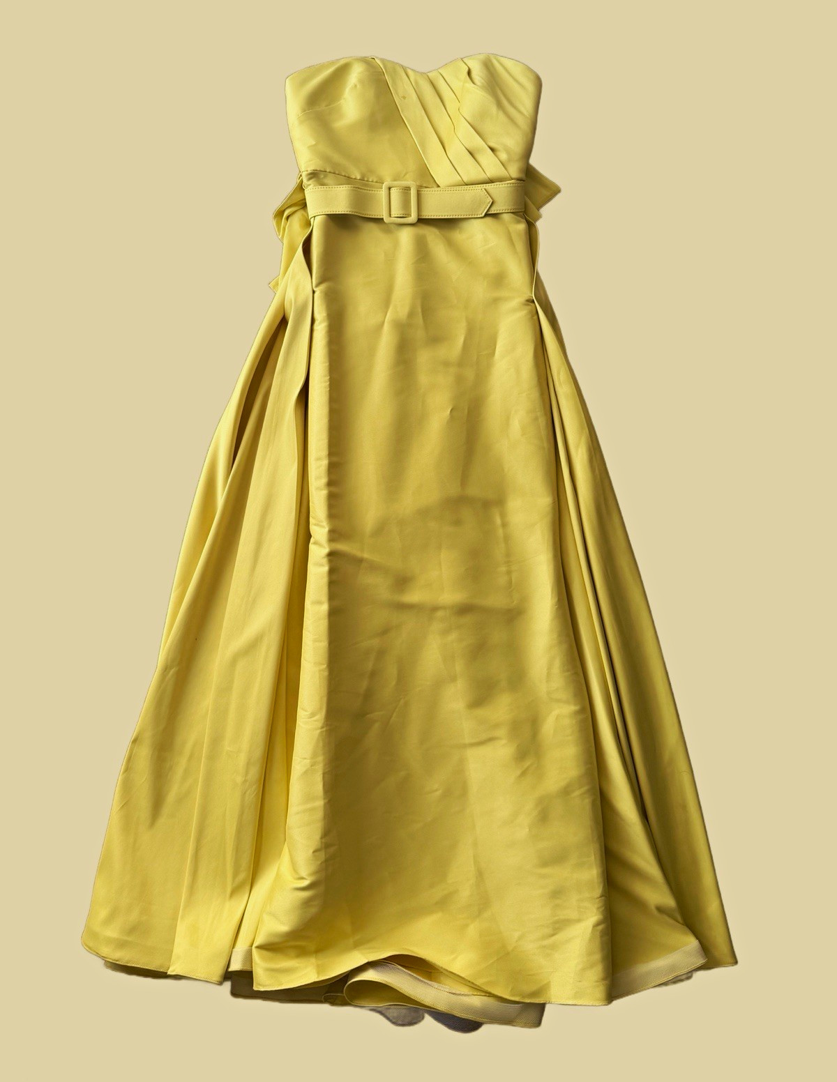 Badgley Mischka Yellow Strapless Sweetheart Long Gown Belt Pleated Size 4