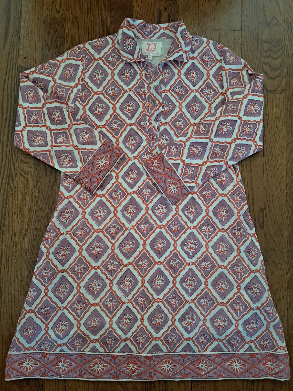 Victoria Dunn Shirt Dress Southern Coastal Lavender Pink Block Print Floral XS