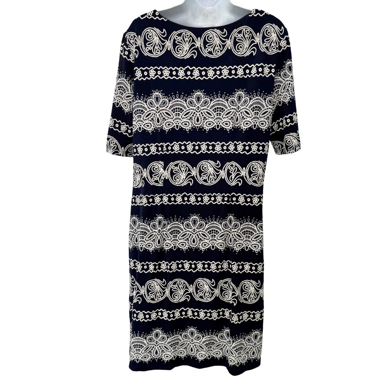 R&K Navy Blue White Lace Accents Shift Knee Length Dress Size 12 Professional