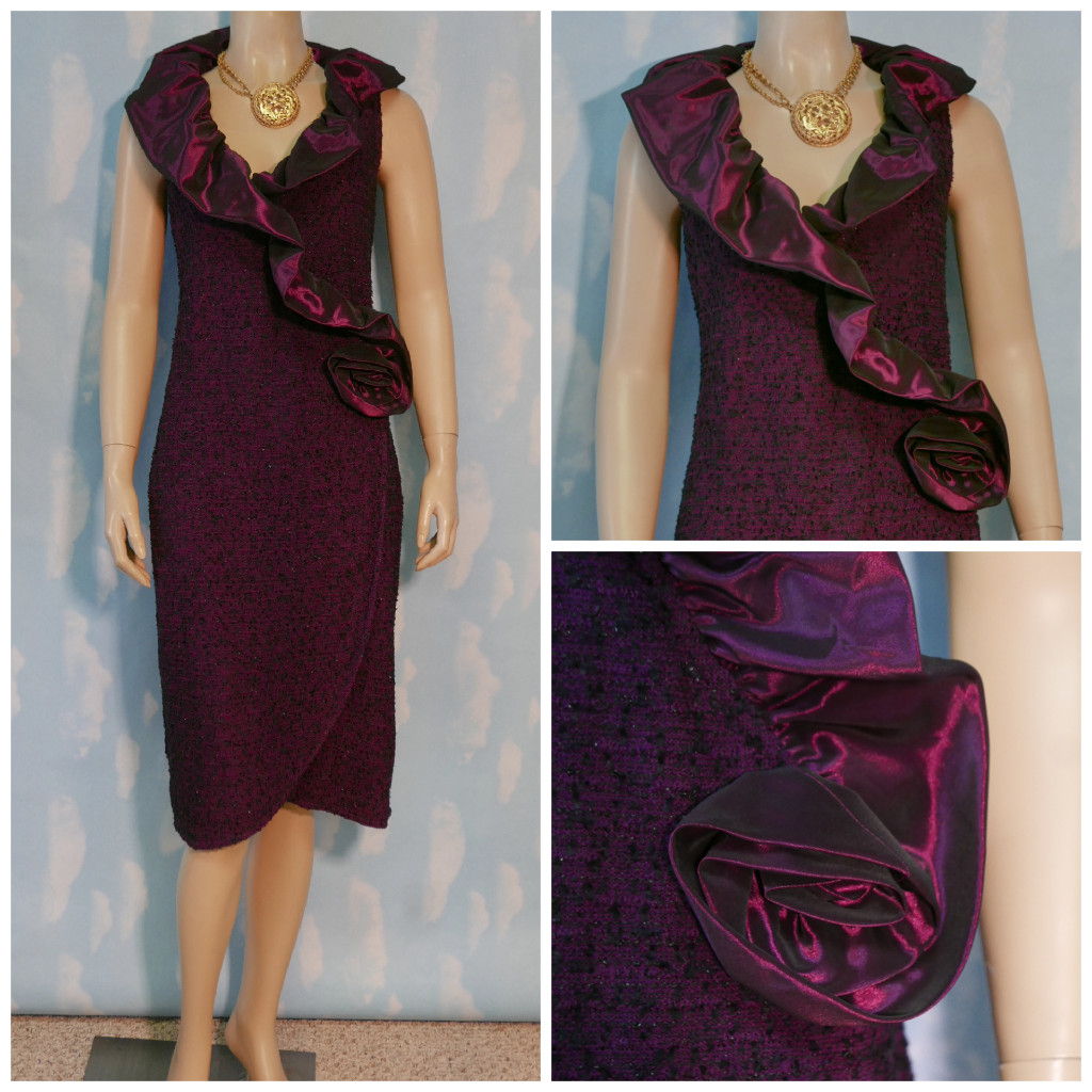 ST. JOHN Knits Deep Pink Black Dress L 12 Sleeveless Satin Trim Floral Collar