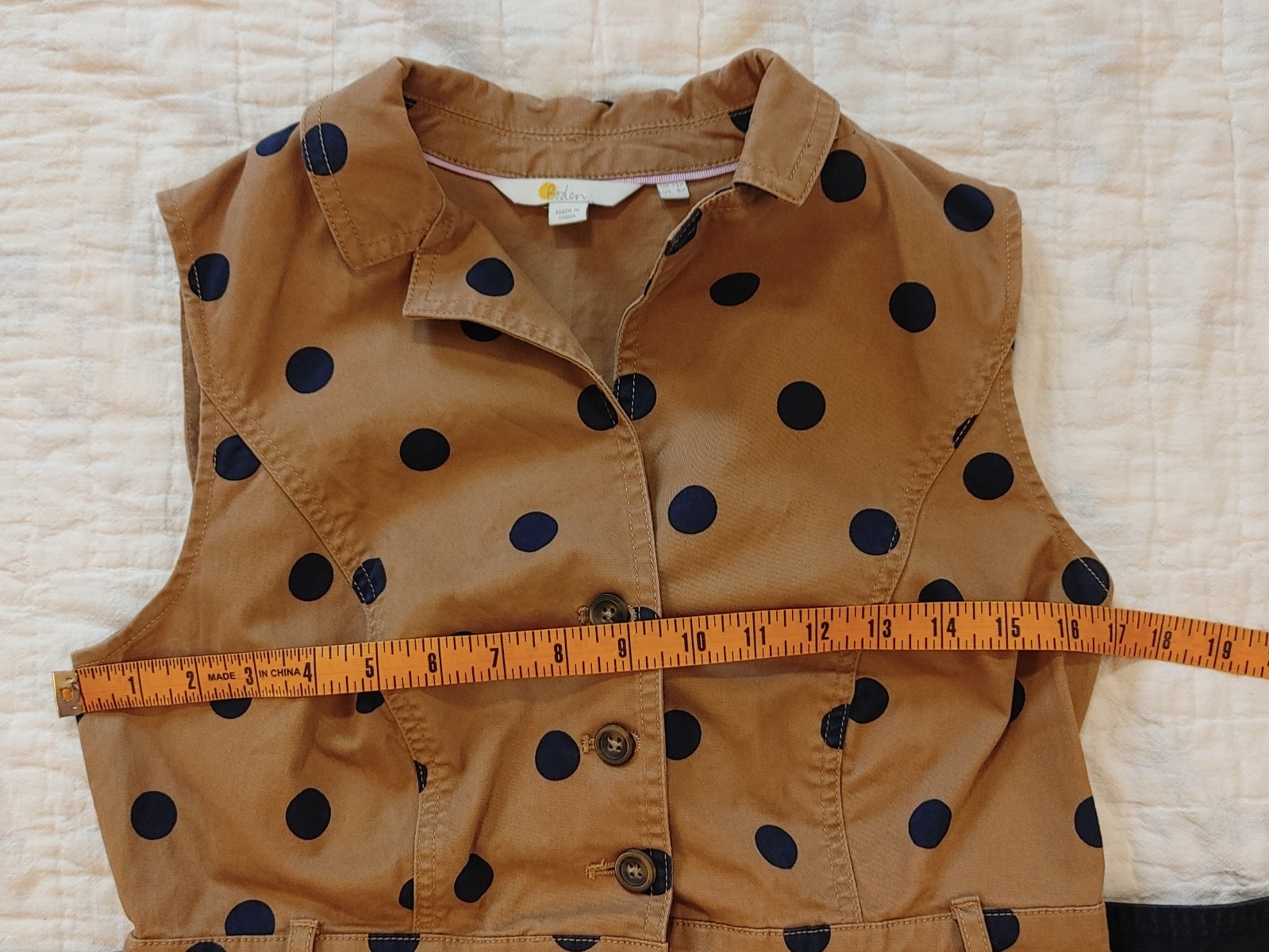 Boden Khaki Tan Navy Blue Polka Dot Sheath Edith Dress sz 8P Stretch Cinch Belt