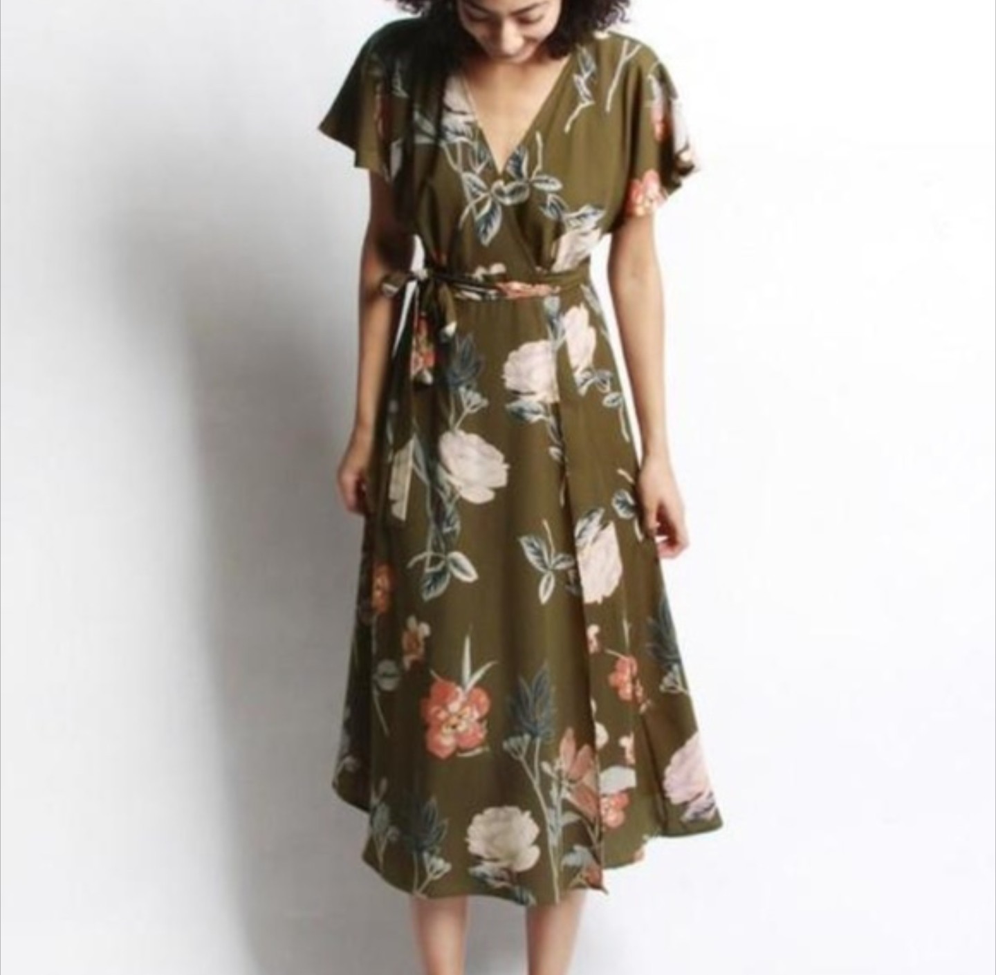 Mod Ref Maria Olive Floral Wrap Dress L Midi Cap Sleeve Cottage Western Boho 90