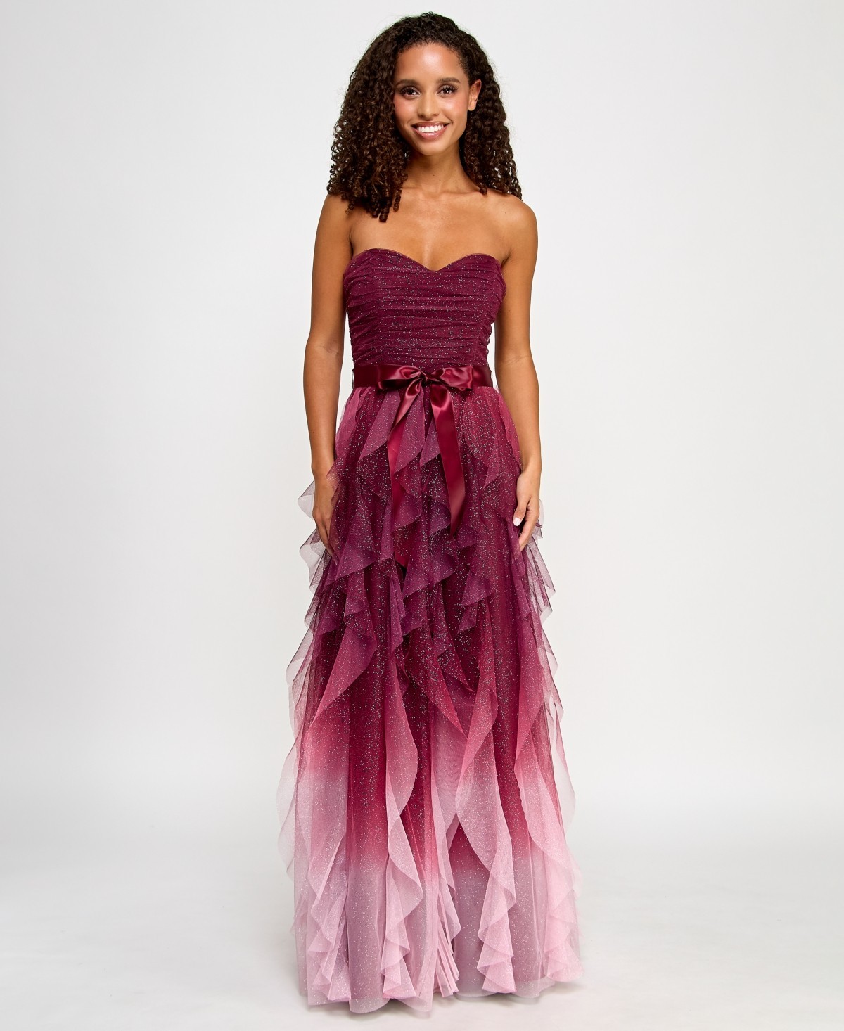Pear Culture Juniors’ Corkscrew-Ruffled Strapless Gown – Burgundy/Pink Size 7/8
