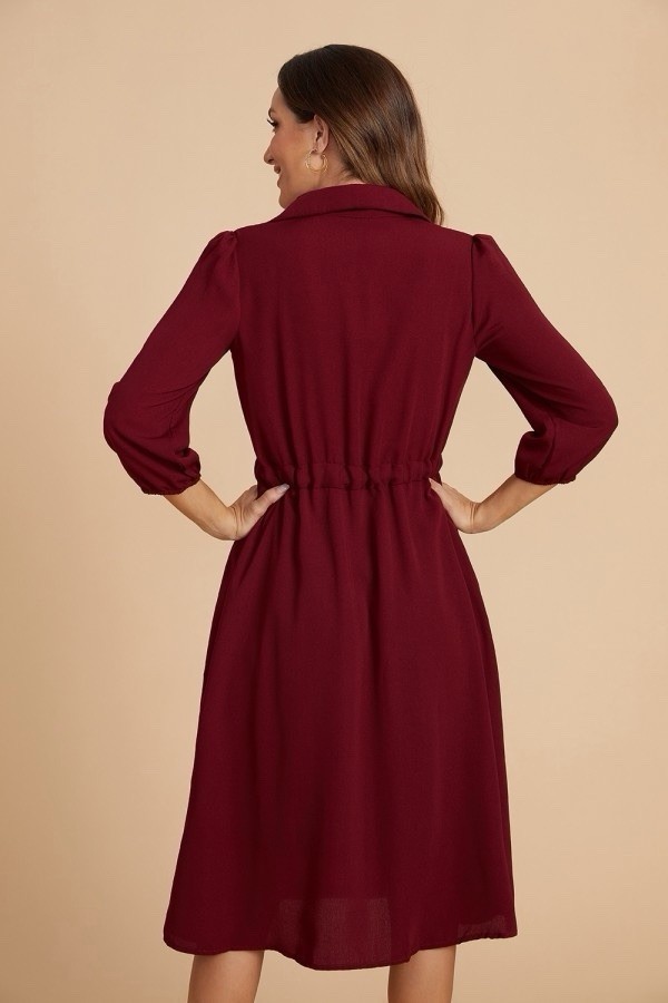 Burgundy Solid Shirt Dress Collared Button Tie Waist 3/4 Sleeve Midi Size S