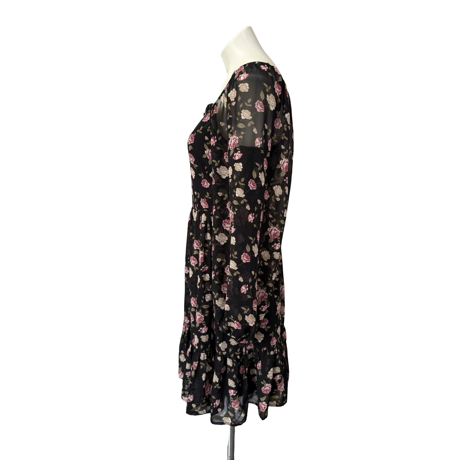 Celebrity Pink Black Floral Chiffon Mini Dress Long Sleeve Smocked Back Size M