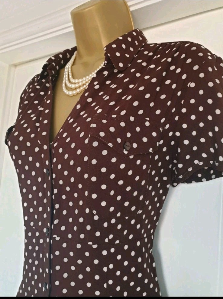 Vintage 1940s 1950s Style brown polka-dot Summer shirt dress Size 10 TWINWOOD