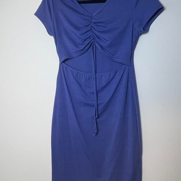 Blue Livi dress with tie waist detail cropped front feminine party dress