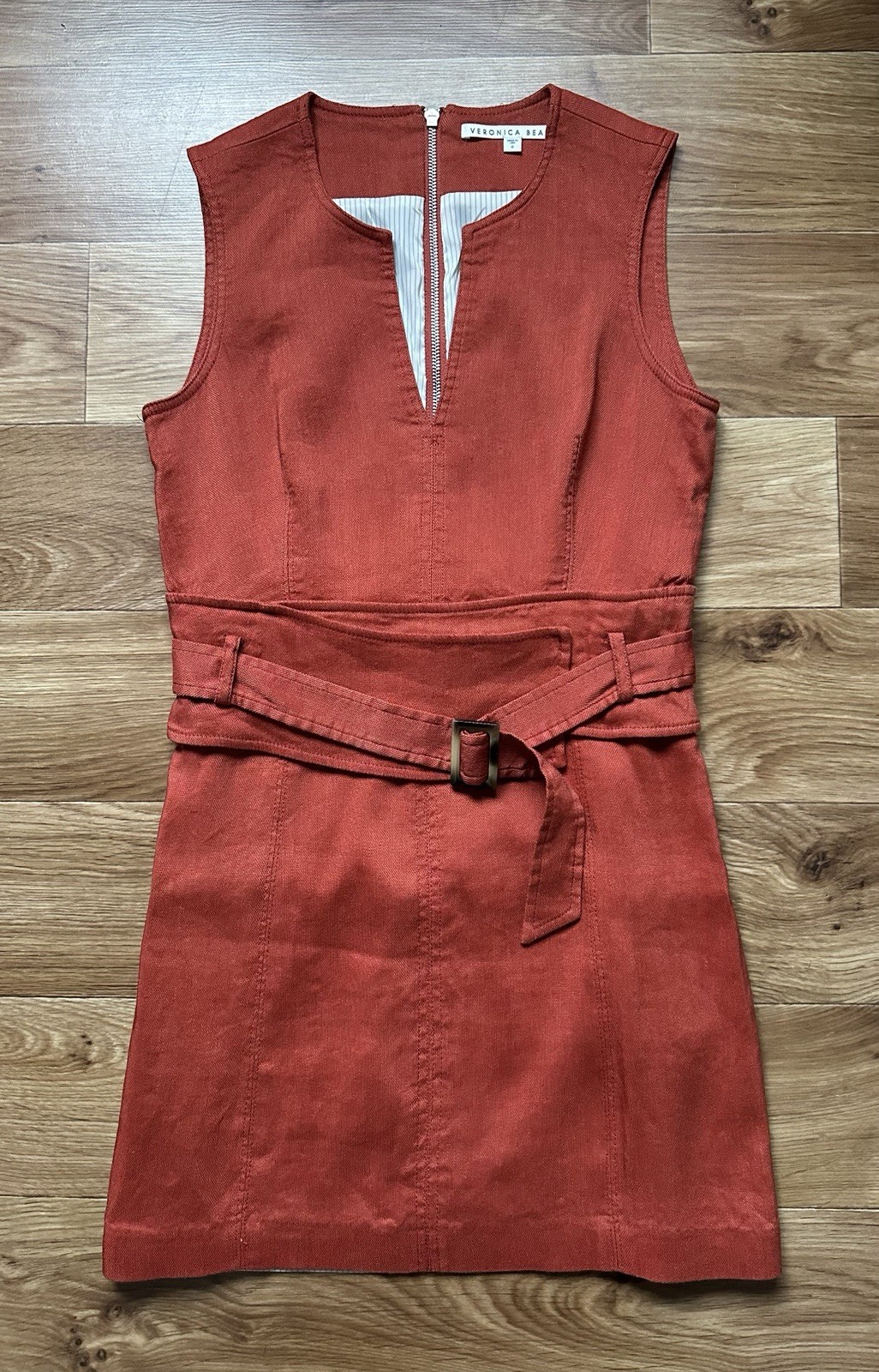 Veronica Beard Rust Linen Belted Mini Dress Zip Front Sleeveless Sz 6 USA