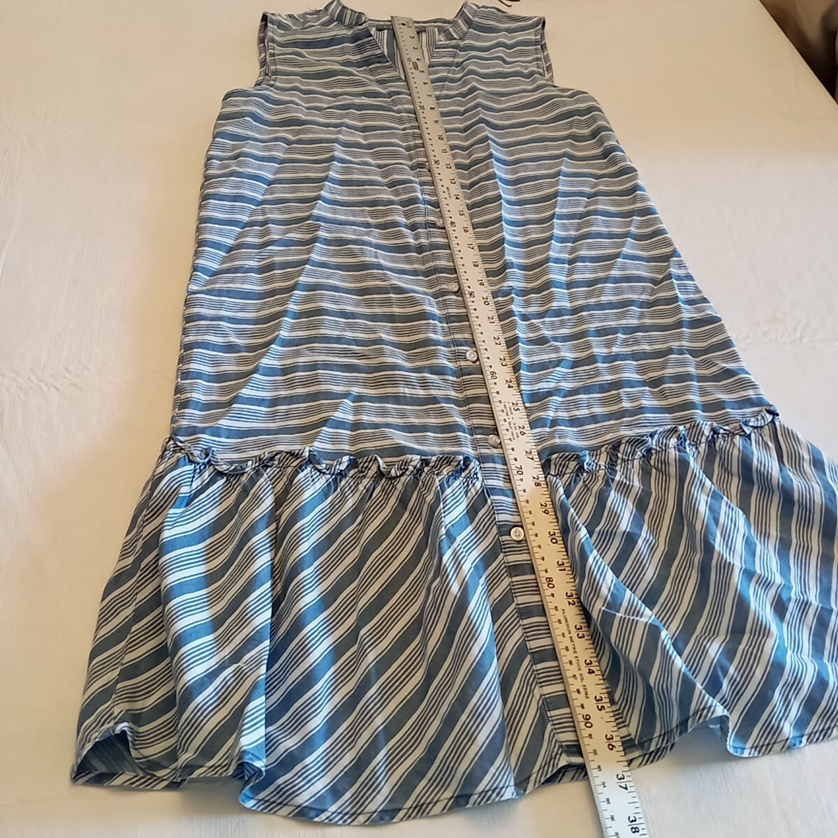 Sharagona Womens sleeveless Button Up shirt dress sz S work Striped Blue White