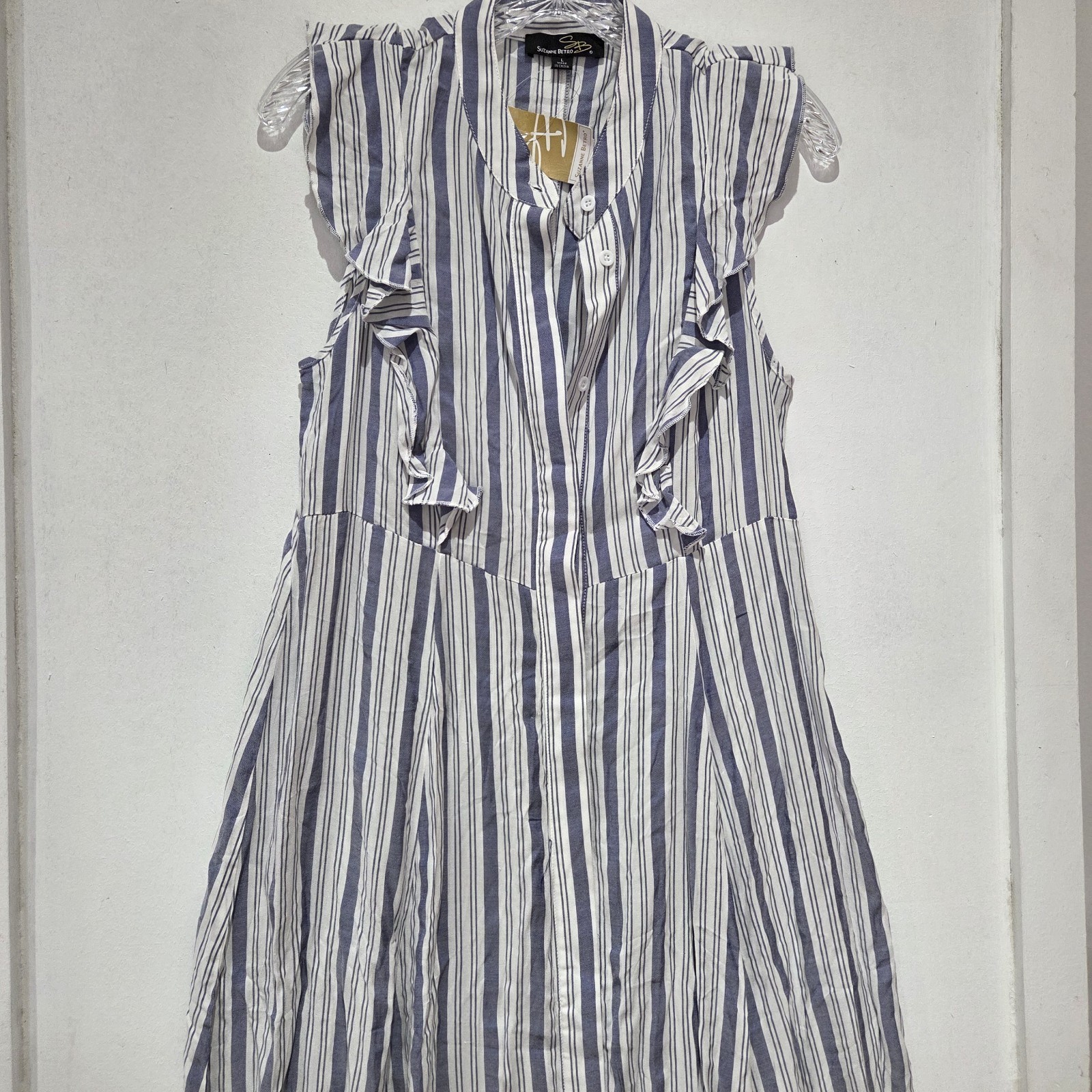 Button Down Dress Blue Stripe Size Large Nwt Short Sleeve By Suzanne Betro