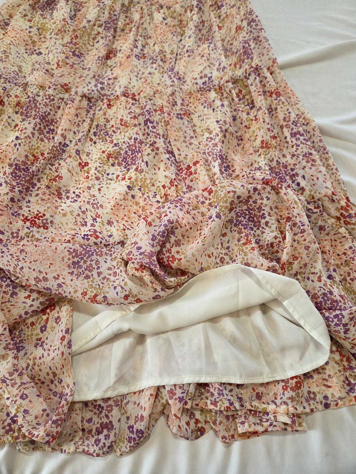 STORIA Ruffled Tiered Maxi Spring Sundress Sz S Tie Straps Boho Cottage Whimsy