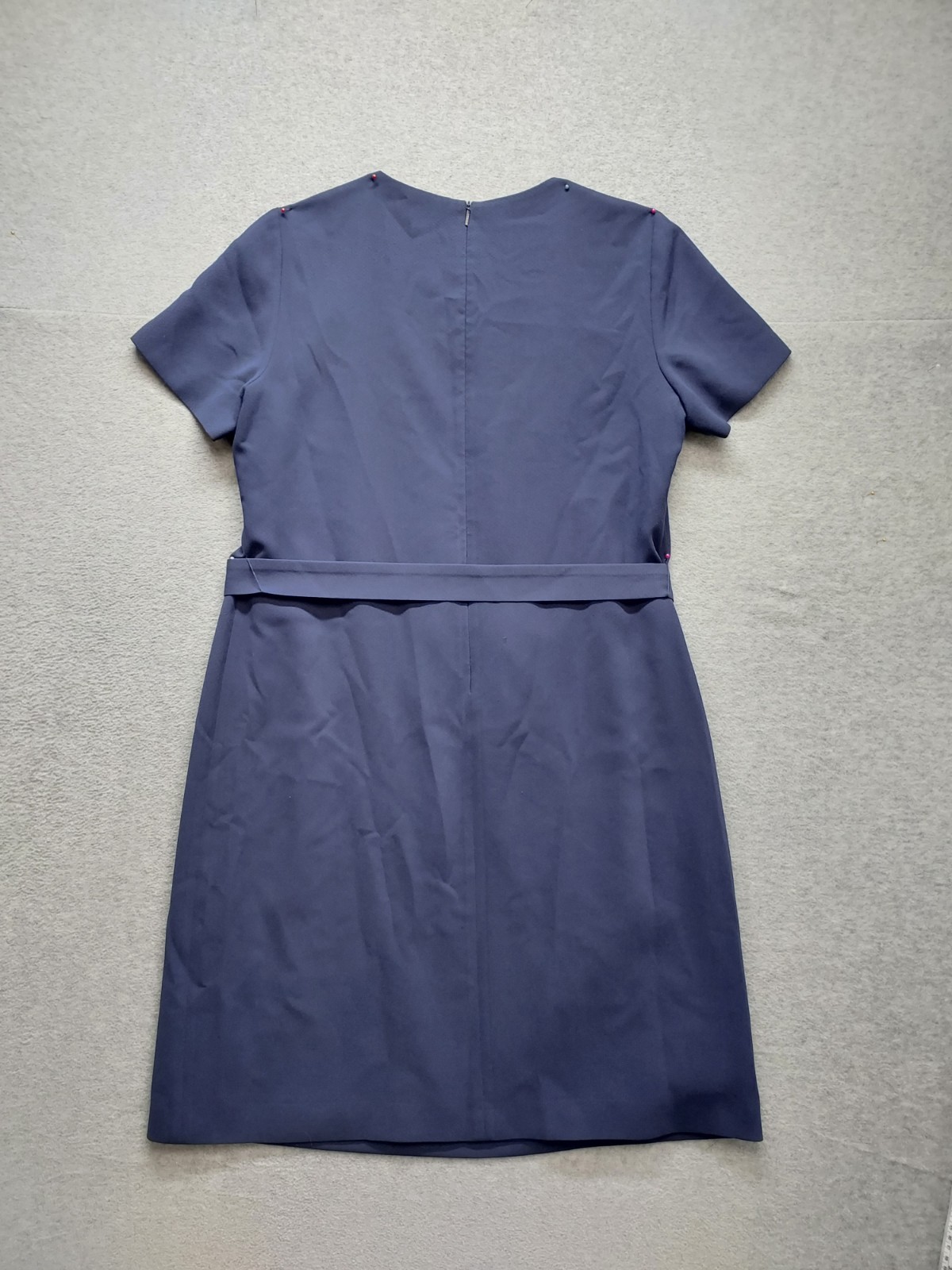 Hugo Boss Women Shift Dress 12 Blue Back Zipper Tie Waist Short Sleeve Cocktail