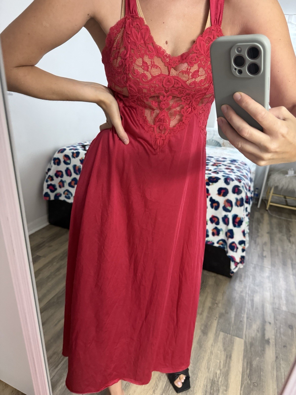 90s Red Lace Bust Midi Slip Dress Triangle Front & Back Neckline, Size М