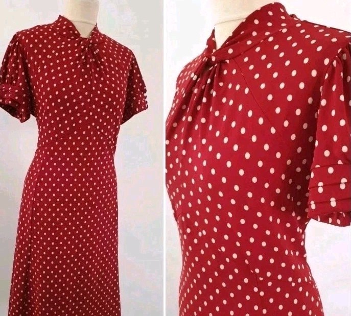 Vintage 1940s 1950s Style Red Cream Polka Dot Tea Dress Size 12 shorter length