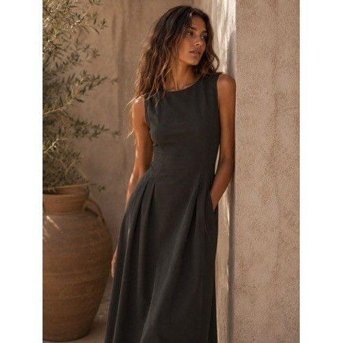 White House Black Market Black Sleeveless Fit and Flare Midi Dress Size 8 Pocket
