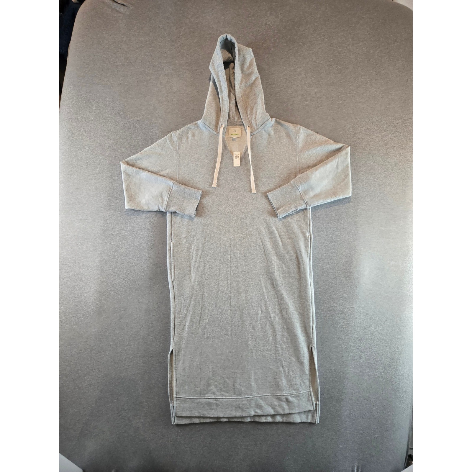 Aerie Offline Throw Back Fleece Dress Womens MGray Hooded Midi Slit Pocket NEW!