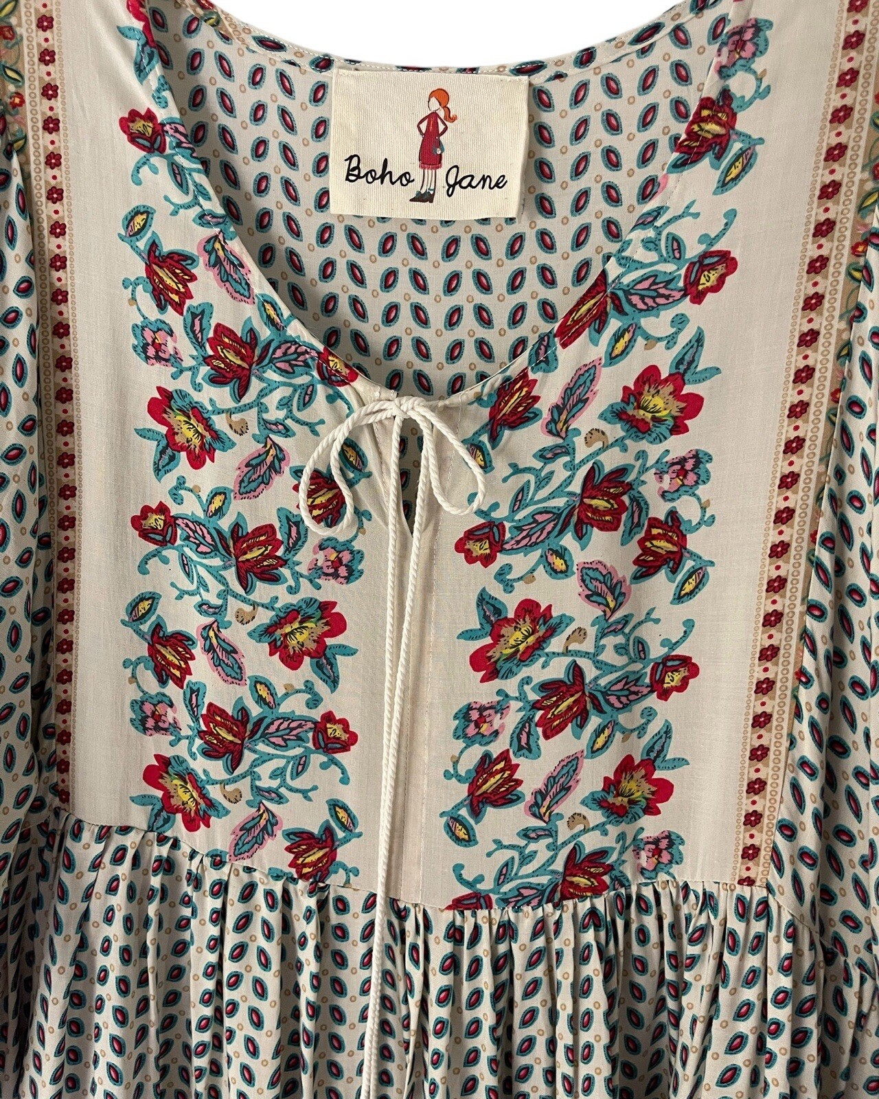 Boho Jane Dress Women S V Neck Tassel Cottagecore Peasant Floral Long Sleeves