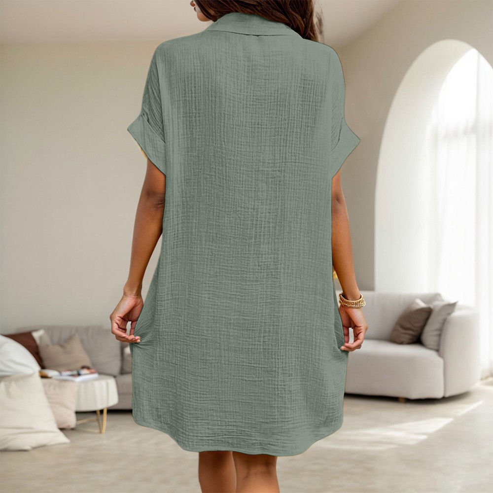 Womens Solid Buttons Down Collar Shirts Dress Ladies Casual Summer Mini Dress US