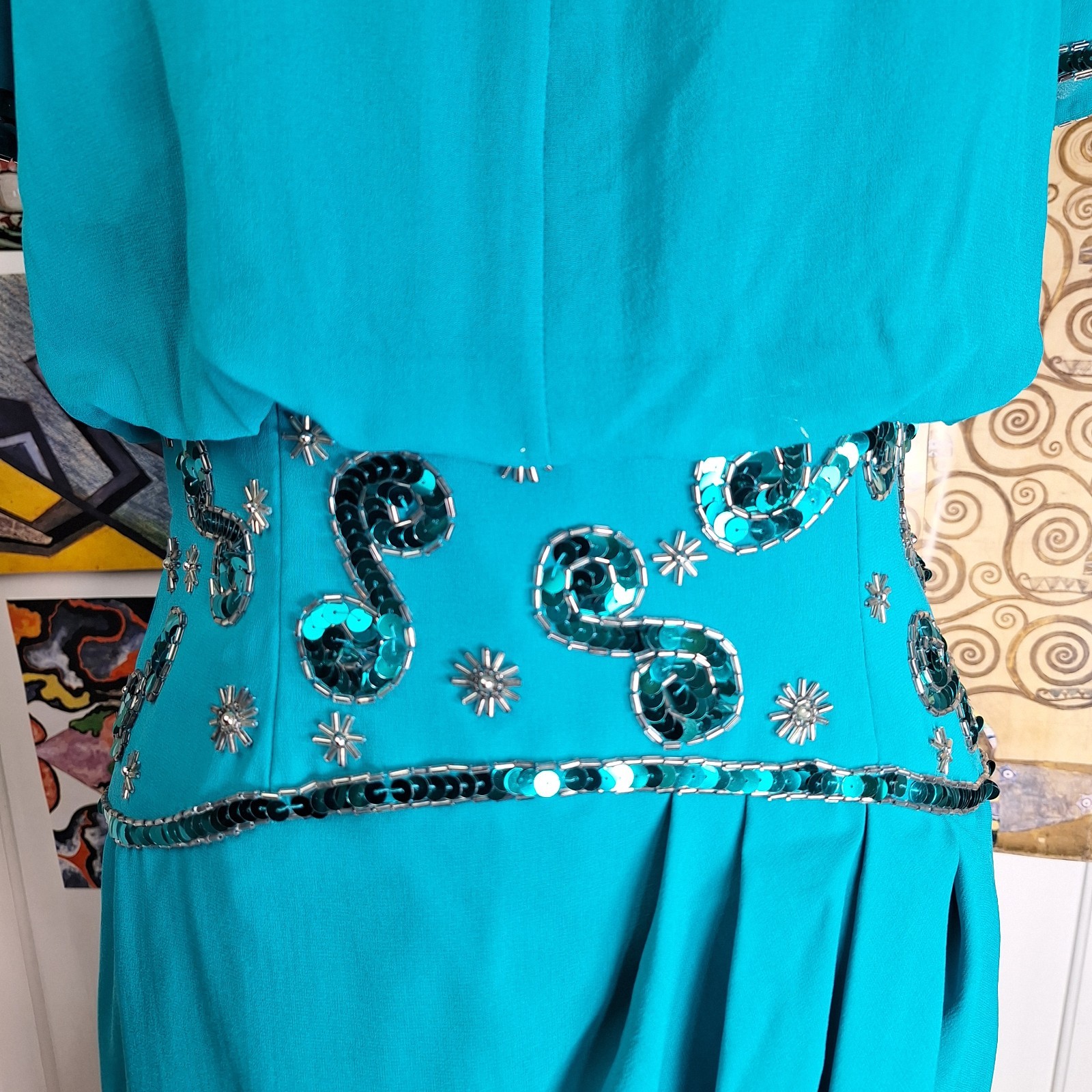 Vintage 80s 90s AJ Bari 100% Silk Sequin Beaded Dress Womens Small Medium Fairy