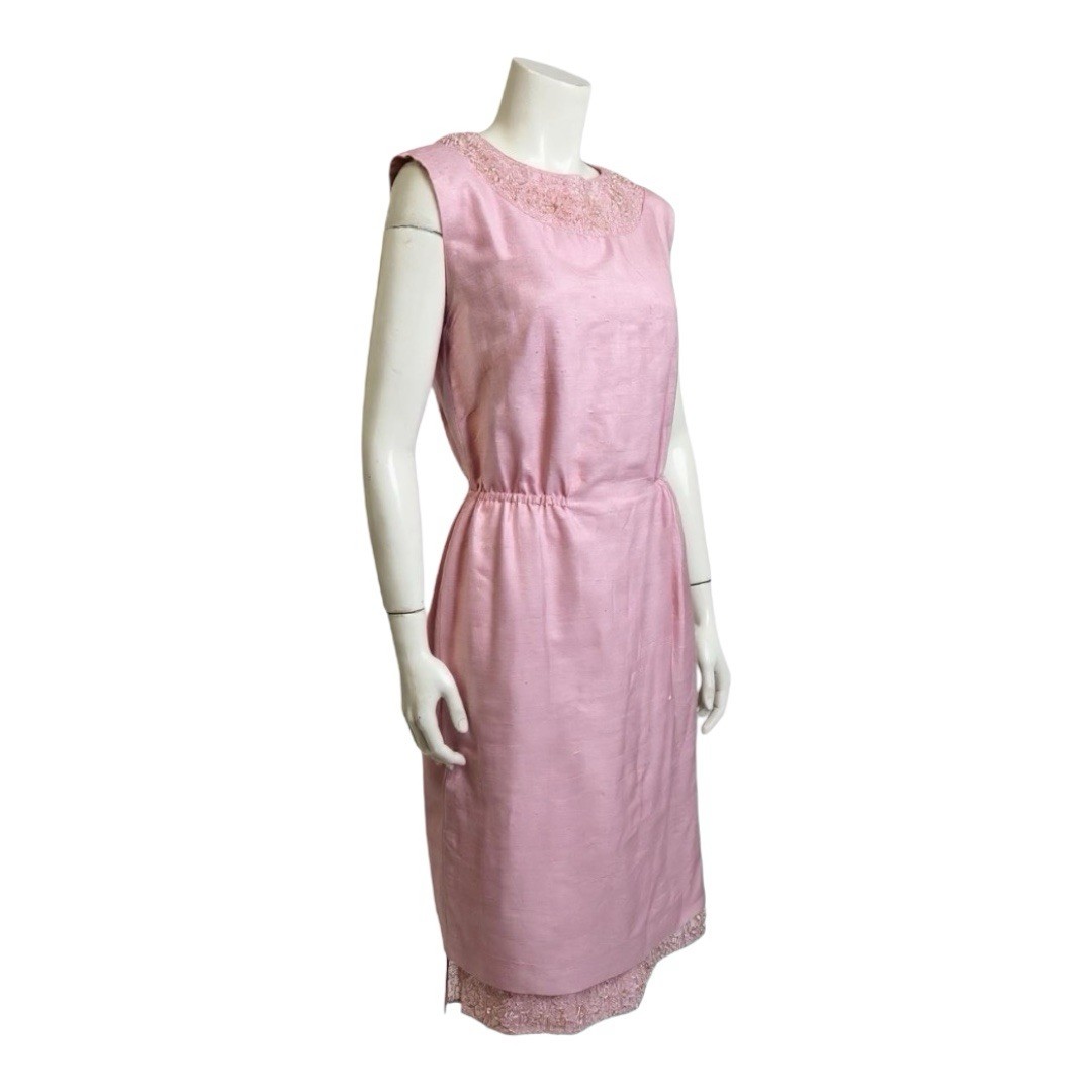 Vintage Pink Hand Beaded Cocktail Dress | Pearls Silk | 60’s Jackie O Glam