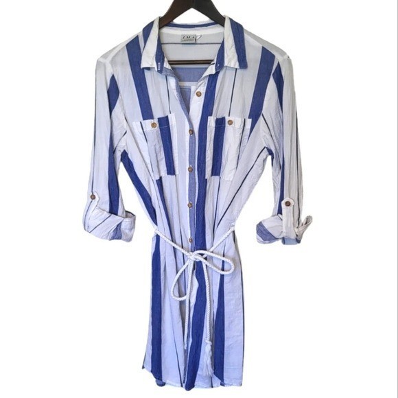I.M.A. Luxury Collection Grecian Dress White Blue Size Large Button-up Rope Belt