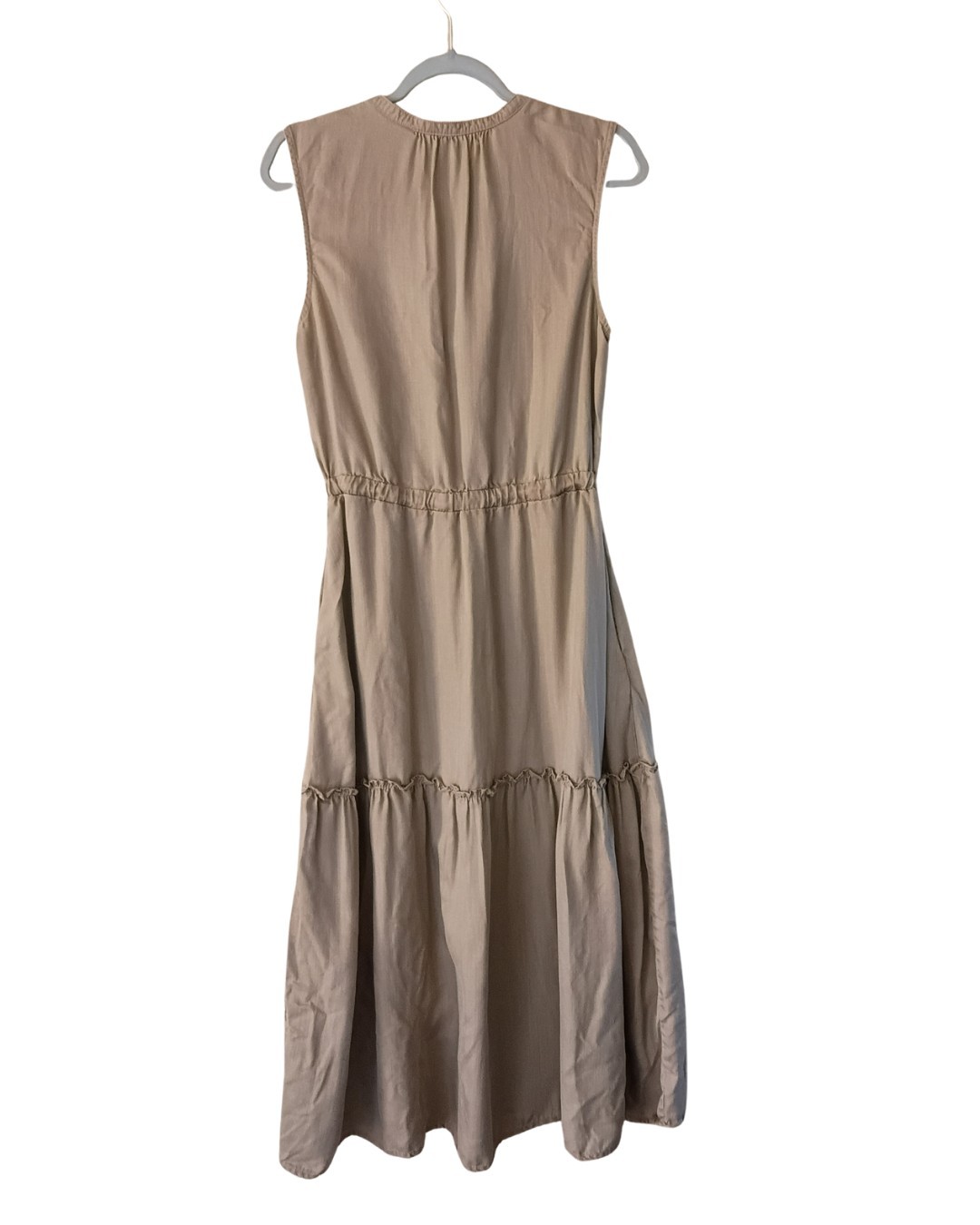 Lands End Tiered Maxi Dress Tan Classy Sleeveless, Pockets, Sz -M Adjustable Tie