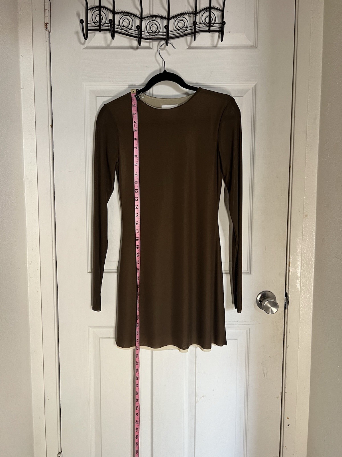 Reformation “Sienna” Brown Sheer Mesh Stretch Knit Mini Dress, Size Small