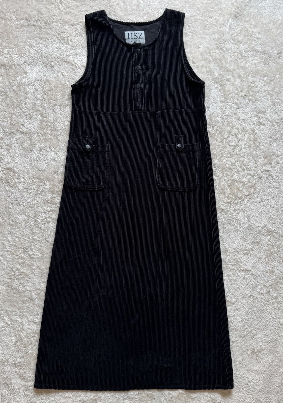 HSZ Studio Vintage Black Corduroy Midi Sleeveless Casual Lagenlook Dress Small