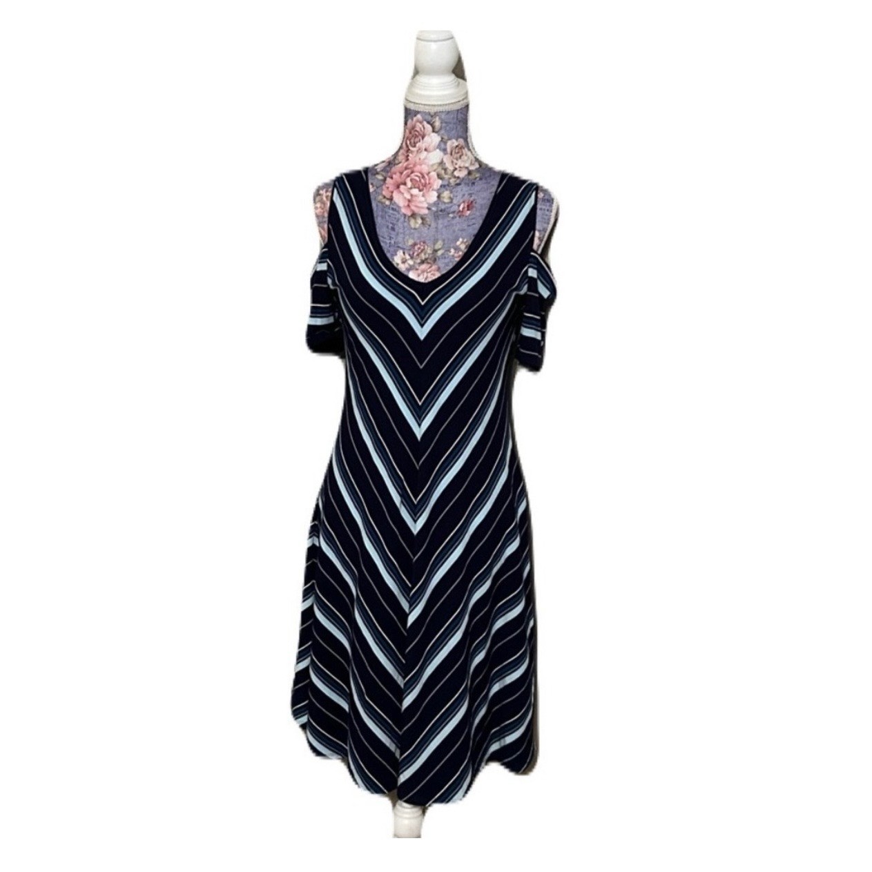 White House Black Market Navy Blue Chevron Cold Shoulder V-Neck Dress Small