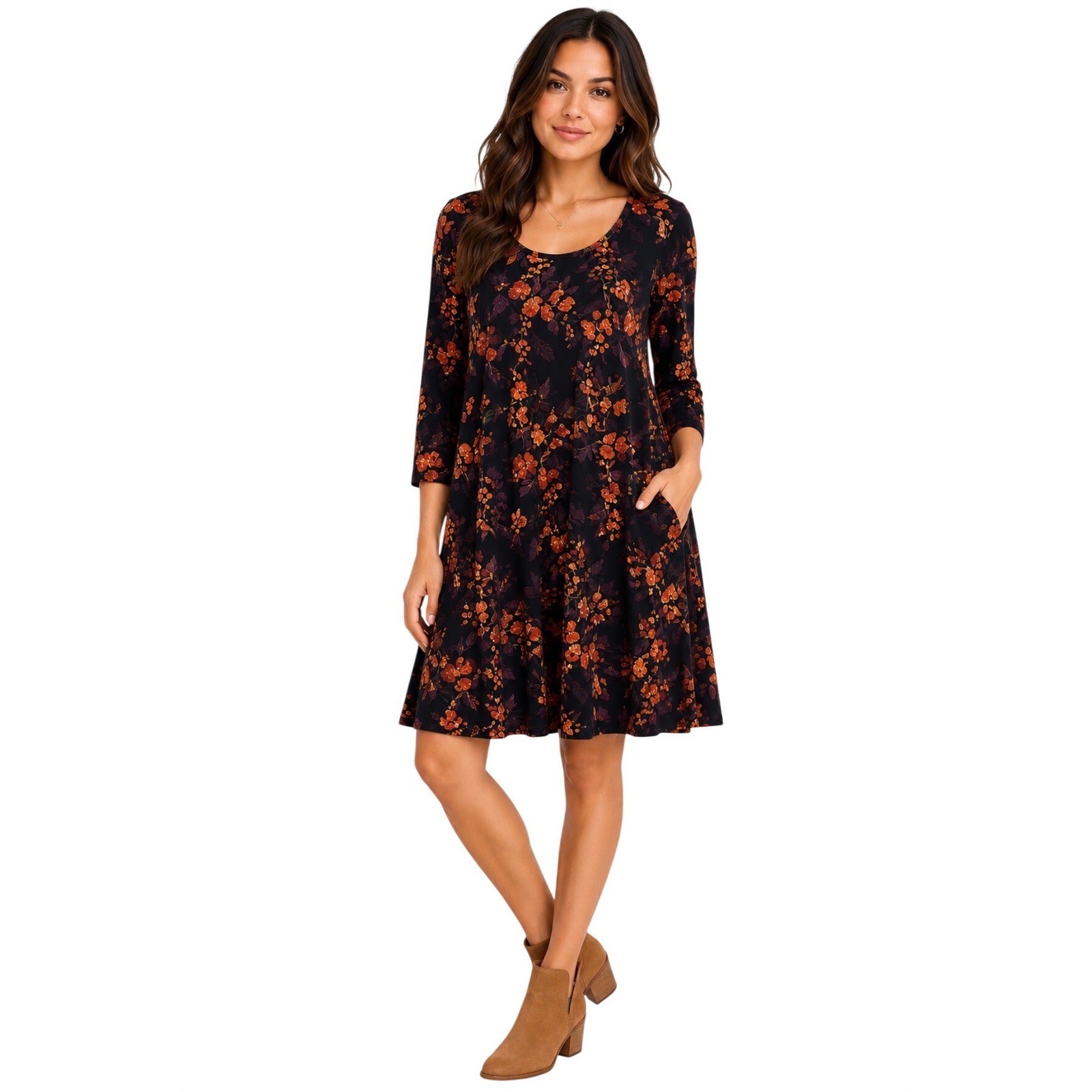 Garnet Hill Floral Tencel Lyocell Spandex Knit Dress Large Black Orange Red