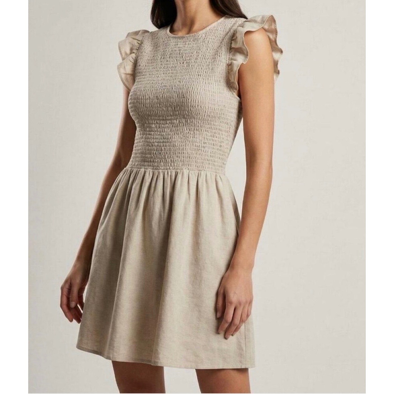 NWT English Factory Womens Smocked Ruffle Sleeve Dress Medium Preppy Neutral