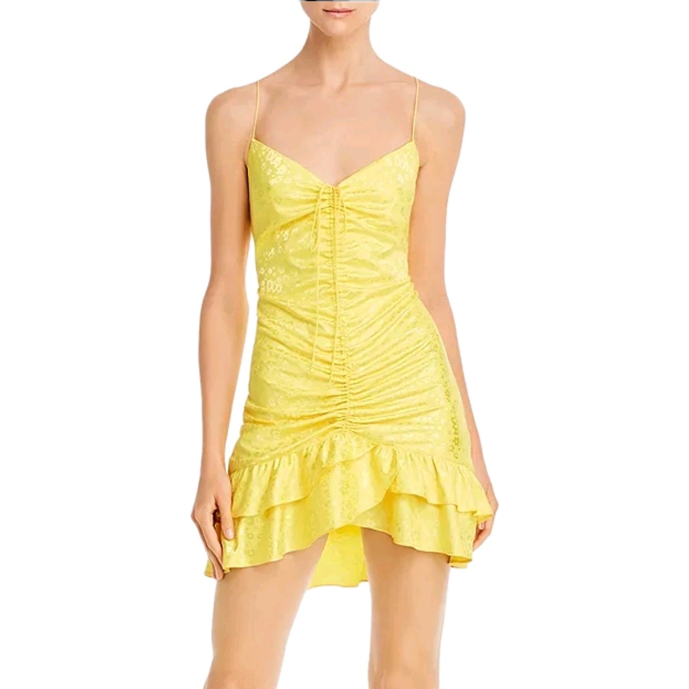 For Love & Lemons Fiji Yellow Floral Open Back Shirred Mini Dress Womens XS
